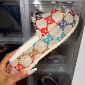 Gucci Cream Canvas Slide with Rainbow GG Embroidery